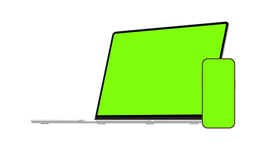 Animated laptop and mobile phone mockup with green screens, isolated on white background. Devices for showing apps, web interfaces or promo ads