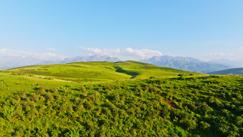 Rolling green hills under blue sky with scattered clouds and snowcapped mountains, drone shot with dolly backwards camera movement.