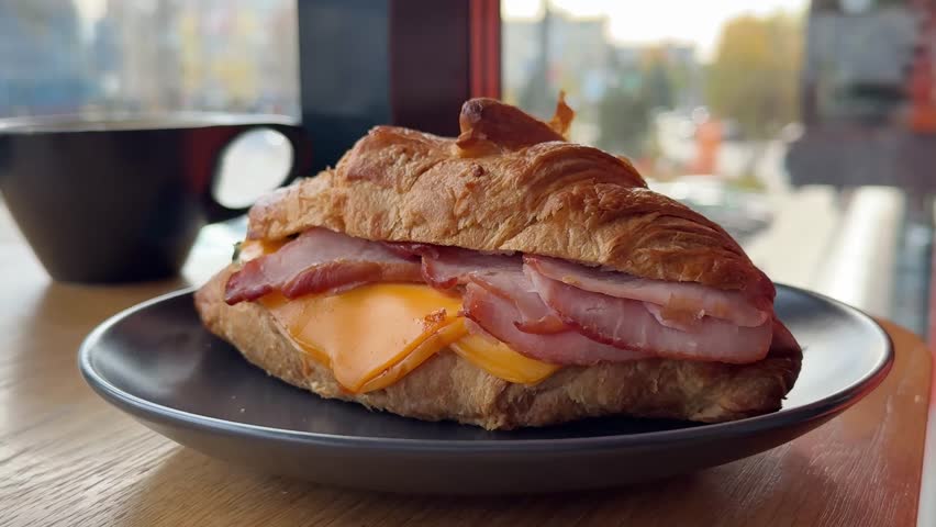  Croissant with jamon ham, Salmon, in Modern Cafe, Top View of Healthy Breakfast in Cafe. English breakfast: fried egg, bacon toast on sandwich.