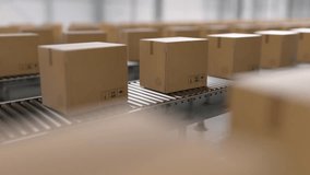 Seamless loop of countless cardboard boxes moving along a roller conveyor system. Automated warehouse logistics and distribution center concept. 3d loop animation 4k - Powered by Shutterstock - Get 15% off with code: PIKWIZARD15