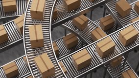 Endless loop of cardboard boxes traveling on a complex roller conveyor system. Automated warehouse logistics and distribution center concept. 3d loop animation 4k - Powered by Shutterstock - Get 15% off with code: PIKWIZARD15