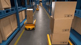 Automated guided vehicles moving through a logistics center, efficiently transporting goods. This represents the future of warehouse automation. 3d animation 4k - Powered by Shutterstock - Get 15% off with code: PIKWIZARD15