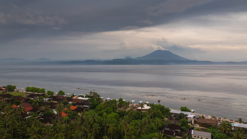 day time storm sky bali island bay volcano front district aerial timelapse panorama 4k indonesia