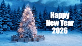 Magical christmas tree with glowing lights and gift boxes standing in a snowy forest at night with falling snow, featuring a happy new year 2026 greeting text for the festive season - Powered by Shutterstock - Get 15% off with code: PIKWIZARD15
