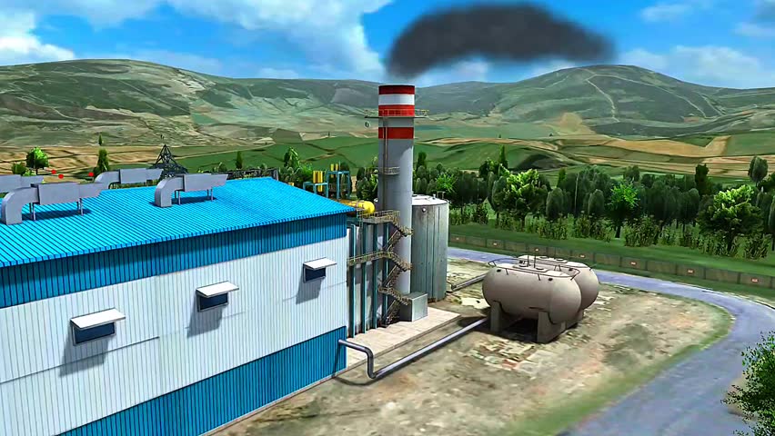 3D animation showing thermal power station layout with boiler, turbine, generator, and cooling system.