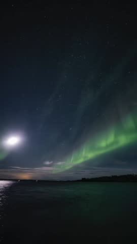 Spectacular Aurora Borealis Dancing in Dark Night Sky Above Water and Forest