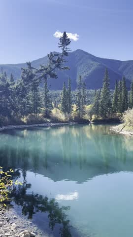 Turquoise Alpine Lake with Perfect Water Reflection of Pine Forest and Rocky Mountains
