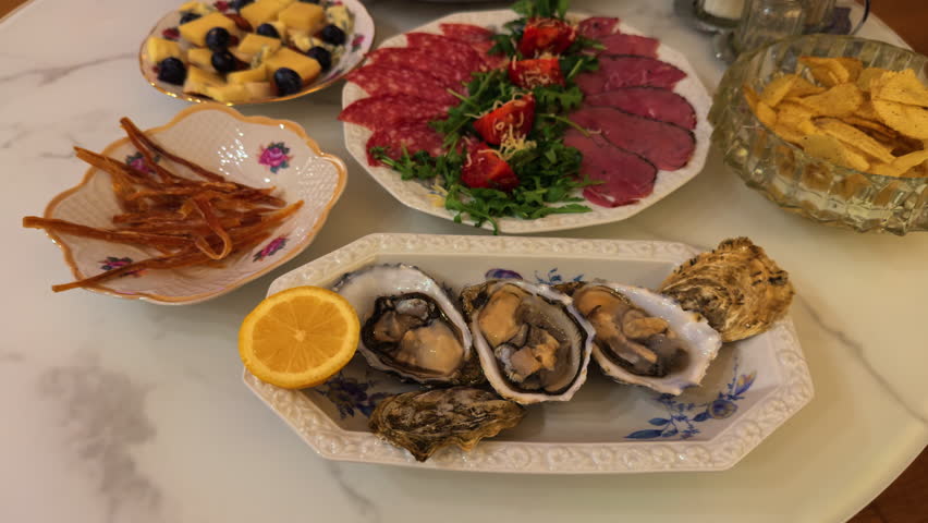 Seafood charcuterie platter, Elegant seafood and meat spread, Luxurious seafood and cured meats