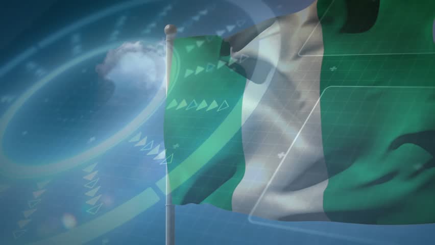 Tricolour flag fluttering from breeze while rings and arrows sliding right across sky for broadcast. Banner, outdoor, motion, graphics, overlay, animation, green