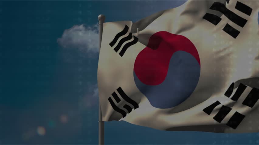 South Korean flag fluttering from gusting wind, waveform pulsing, data illustrating market trends. Taegukgi, banner, sky, clouds, motion, lensflare, overlay