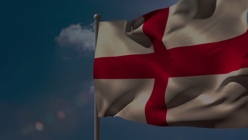Gusts moving mounted flag with red cross billowing while binary glyphs falling, showing wind data. Ensign, banner, pole, sky, breeze, lensflare, digital