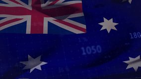 Stylized Australian flag waving, green line sparking colored graphs moving, showing market trends. Emblem, banner, infographic, data, charts, grid, motion - Powered by Shutterstock - Get 15% off with code: PIKWIZARD15
