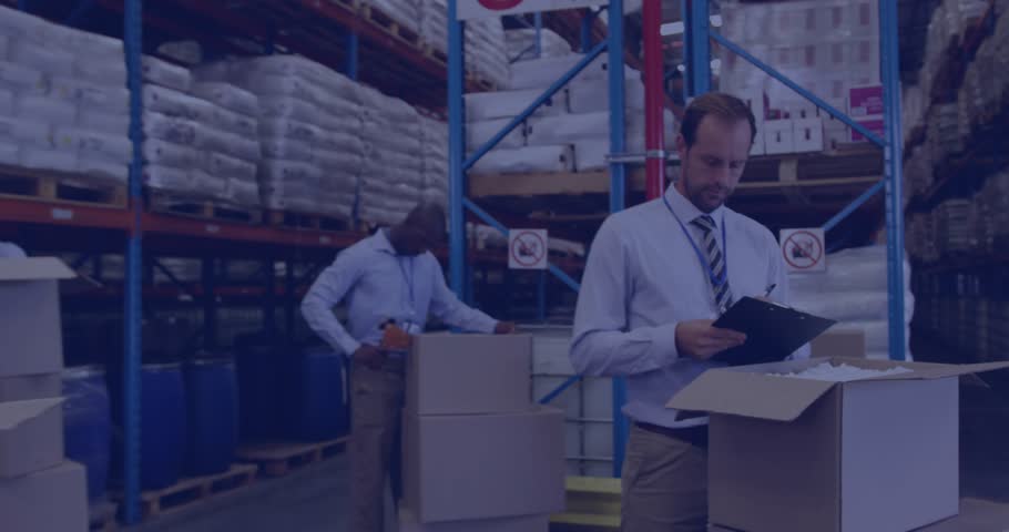 Manager tapping tablet in packing area, bringing up HUD charts while team updating inventory. Warehouse, logistics, stock, analytics, dashboard, collaboration, productivity