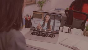 Host on laptop speaking as Processing Data HUD loading bar filling then receding over screen tech. Meeting, remote, collaboration, workspace, coworker, notebook, plant - Powered by Shutterstock - Get 15% off with code: PIKWIZARD15