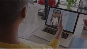 Host moving phone closer to laptop causing business HUD covering desk cycling years for call data. Office, collaboration, teleconference, screens, visualization, timeline, metrics - Powered by Shutterstock - Get 15% off with code: PIKWIZARD15