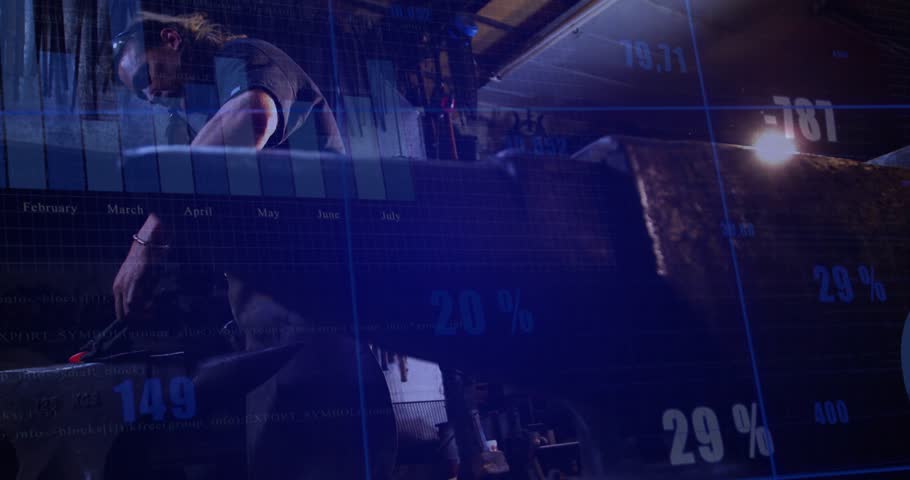 Smith in forge preparing metal, moving it, lifting hammer and shaping with charts overlaying him. Anvil, blacksmithing, workshop, tongs, leather, goggles, dataviz