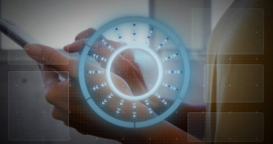 Woman holding phone tapping radial HUD, sparking rotating arrows and data widgets for data analysis. Smartdevice, augmented, interaction, touch, dashboard, code, chart