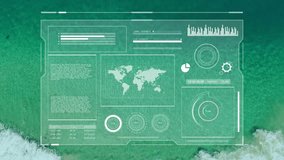 HUD panel animating charts while surf advancing overtakes overlay to show coastal data risk. Interface, infographic, aerial, waves, turquoise, shoreline, ocean - Powered by Shutterstock - Get 15% off with code: PIKWIZARD15