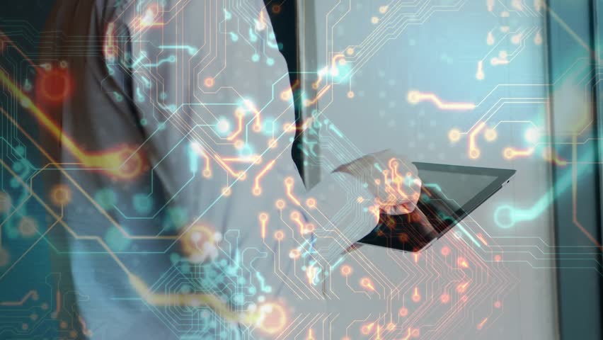 Business executive tapping tablet in office, activating holographic circuit overlay for planning. Entrepreneur, hologram, window, connectivity, network, futuristic, digital - Powered by Shutterstock - Get 15% off with code: PIKWIZARD15