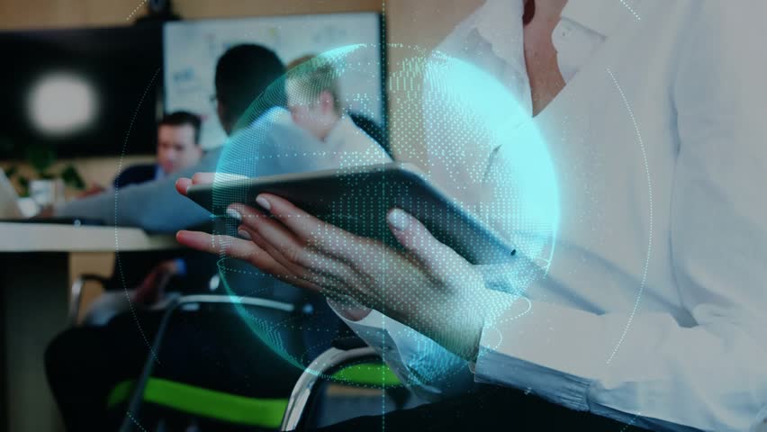Woman holding tablet tapping screen in business meeting, causing digital globe drifting over table. Female, device, corporate, holographic, overlay, technology, boardroom - Powered by Shutterstock - Get 15% off with code: PIKWIZARD15