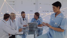 Medical team reviewing laptop right nurse tapping tablet causing animated moving nodes for review. Collaboration, colleagues, conference, professionals, technology, data, visualization - Powered by Shutterstock - Get 15% off with code: PIKWIZARD15
