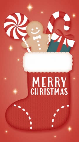 Christmas background with a Christmas stocking filled with gifts animation