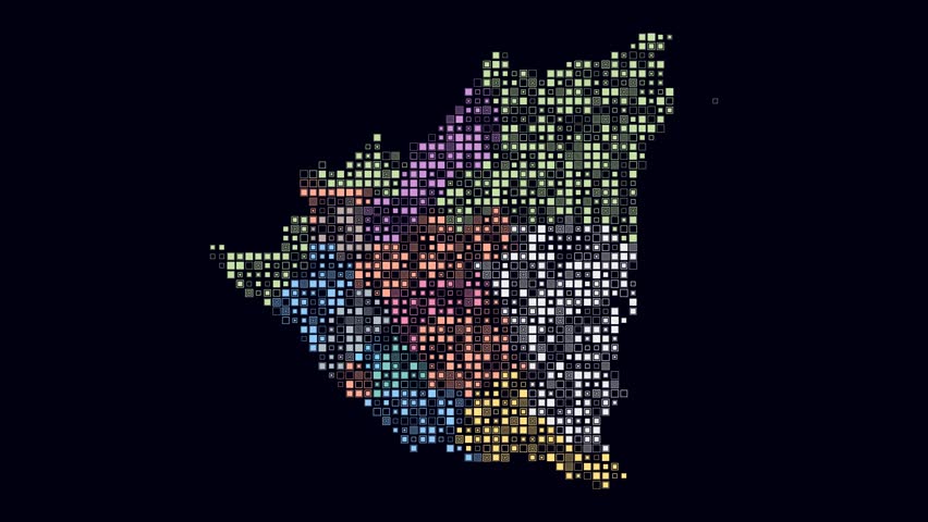 Nicaragua animated country shape. Pulsating colored dots on the map of the country. Small size square blocks. Digital style Nicaragua map on dark background. Trending animation video.
