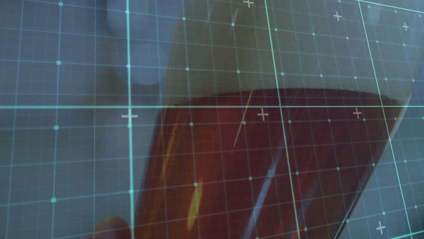 Faint hand nudging glass, rotating while diagonal highlight sliding to show cyan HUD grid. Closeup, vessel, amber, liquid, overlay, parallax, reflection