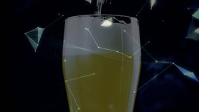 Pouring liquid filling pilsner glass, foam forming, globe emerging, orbiting nodes showing network. Beer, amber, teal, glow, digital, geometric, dark - Powered by Shutterstock - Get 15% off with code: PIKWIZARD15