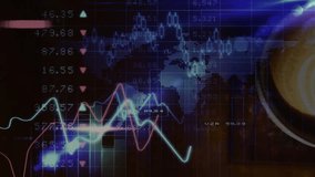 On data start, neon charts oscillating, visualizing market trends, cup fading in showing latte art. Finance, analytics, dashboard, graphs, gridlines, worldmap, nodes - Powered by Shutterstock - Get 15% off with code: PIKWIZARD15