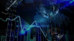 Playback starting, market HUD opening, cyan line waving, bars moving, globe shifting showing trends. Dashboard, visualization, analytics, metrics, finance, global, holographic - Powered by Shutterstock - Get 15% off with code: PIKWIZARD15
