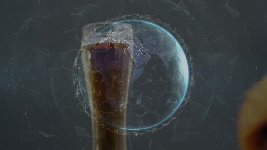 Hand entering bringing burger forward, digital grid forming, numbers updating showing product info. Glass, sandwich, holographic, globe, digits, data, futuristic