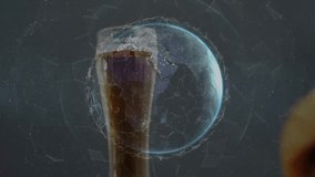 Hand entering bringing burger forward, digital grid forming, numbers updating showing product info. Glass, sandwich, holographic, globe, digits, data, futuristic - Powered by Shutterstock - Get 15% off with code: PIKWIZARD15