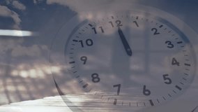 Sunlight shifting clouds causing clock hands turning, drifting over deck, grid showing elapsed time. Timepiece, layered, overlay, timelapse, reflection, sky, pier - Powered by Shutterstock - Get 15% off with code: PIKWIZARD15