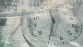 Analog clock advancing hands, tracking walkers crossing crosswalk, showing elapsed time for transit. Timepiece, pedestrians, urban, sidewalk, cityscape, layered, composited - Powered by Shutterstock - Get 15% off with code: PIKWIZARD15
