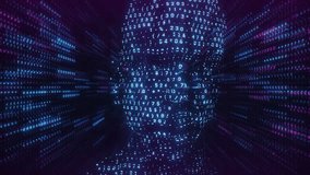 Algorithm Man Loop – Futuristic AI Head Made of Blue and Magenta Numeric Data Streams in Digital Tunnel Background - Powered by Shutterstock - Get 15% off with code: PIKWIZARD15