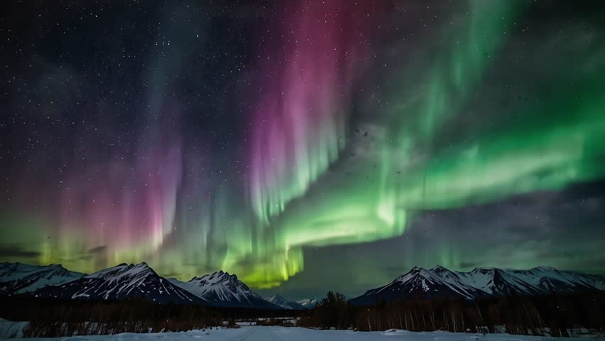 A stunning night view featuring the spectacular Aurora Borealis (Northern Lights) phenomenon stretching across a dark, star-studded sky above snow-capped mountains and forests.