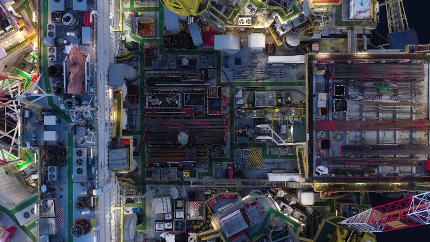 Aerial top view of offshore jack up rig and offshore platform during sunset for oil and gas exploration and production. 
