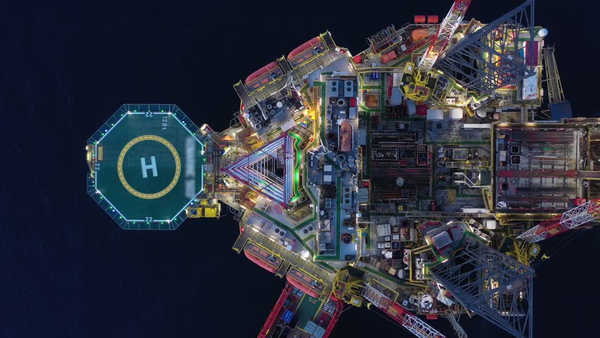 Aerial top view of offshore jack up rig and offshore platform during sunset for oil and gas exploration and production. 
