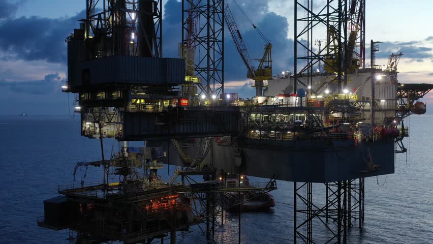 Aerial view of offshore jack up rig and offshore platform during sunset for oil and gas exploration and production. 
