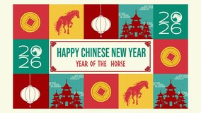 Festive 4K looping animation featuring horses, lanterns, coins, pagodas, and 2026 typography in a bold block layout. Ideal for Chinese New Year greetings, promos, and holiday visuals. - Powered by Shutterstock - Get 15% off with code: PIKWIZARD15