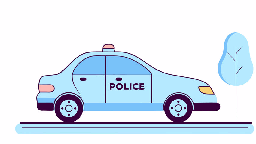 Police car. Driving animation with flashing lights, alpha channel. Cartoon