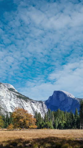 Time lapse video of Yosemite valley nation park on a sunny day. Yosemite nation park, California, USA.