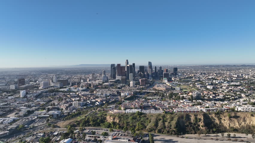 Drone flight in Los Angeles, view of the downtown LA skyline.