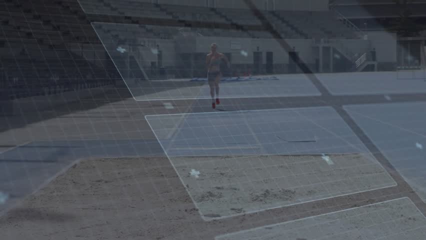 female athlete sprinting on track in sports technology demo, displaying AR metrics charts. Performance, fitness, futuristic, sport, motion, digital, activewear - Powered by Shutterstock - Get 15% off with code: PIKWIZARD15