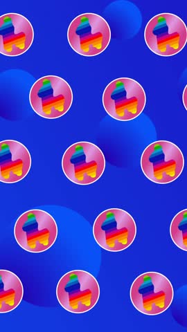 Animation of rows of rainbow unicorn icons over blue background. vintage communication, music, party, colour and movement concept digitally generated video.