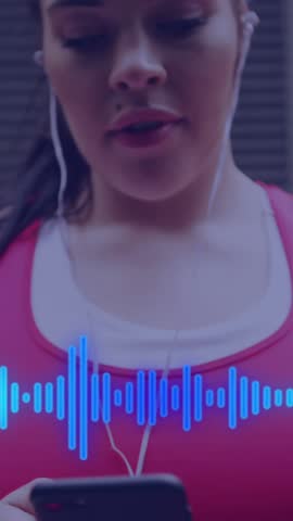 Animation of music data processing over plus size caucasian woman exercising in city. Sports, active lifestyle, urban living and happiness concept digitally generated video.