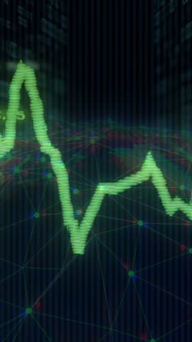 Financial data and stock market analysis animation over binary code background. Finance, analytics, trading, investment, economy, growth