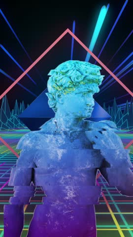 Animation of classical statue distorting over digital landscape with neon beams in night sky. Creativity, data, connection, processing, digital interface and communication, digitally generated video.