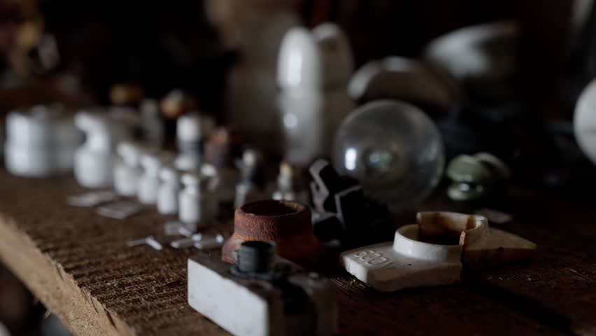 Close-up of assorted vintage ceramic electrical insulators, sockets, and small components on a rustic wooden shelf in a dim workshop, with shallow focus and moody lighting.